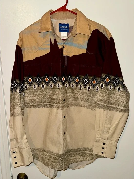 Vintage Wrangler Brushpopper Pearl Snap Aztec Mens Large Western Rare Pattern - Picture 1 of 8